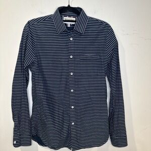 Express‎ Fitted Mens Navy White Striped Button Down Shirt Small 14-14.5 Cotton